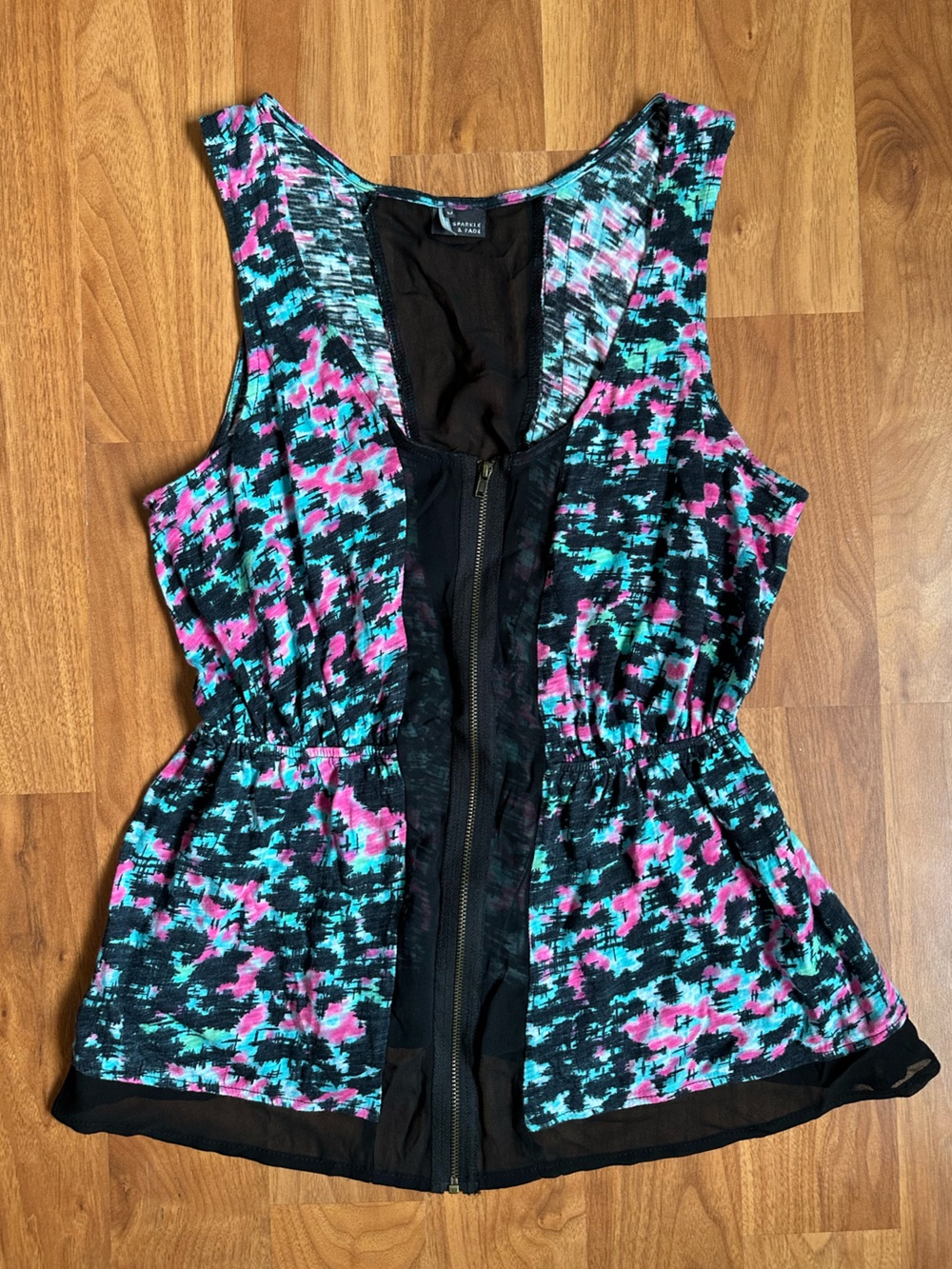 Sparkle & Fade Black Dress with Pink and Teal Accent Trim, Excellent, Medium